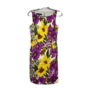 Nine West Floral Sheath Dress Sz 8 Cotton Stretch Purple Yellow Garden Party Mod